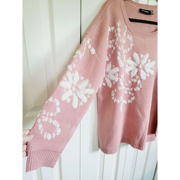 Nina Leonard XL Sweater Heavy Knit Pink White Snowflake Stretch L/S Round Neck - Picture 2 of 8